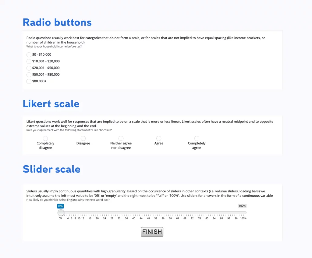 Image depicting a radio scale, a likert scale and a slider scale in a survey