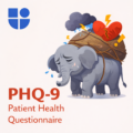 Illustration of a weary elephant carrying a heavy burden on its back. including a large cracked and broken red heart, a storm cloud with lightning and rain, and a big rock - symbolizing emotional and mental strain, with the Testable logo and text "PHQ-9 Patient Health Questionnaire"