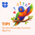 Vibrant illustration of a colorful rainbow lorikeet parrot perched on a branch, winking and surrounded by musical notes, hearts, question marks, and exclamation marks, with the Testable logo and text "TIPI Ten Item Personality Inventory (Big Five)"