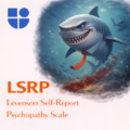 Illustration of a menacing shark with sharp-toothed grin wearing a red tie swimming through dark blue-green waters with blood clouds and shadowy fish in the background, with the Testable logo and text "LSRP Levenson Self-Report Psychopathy Scale"